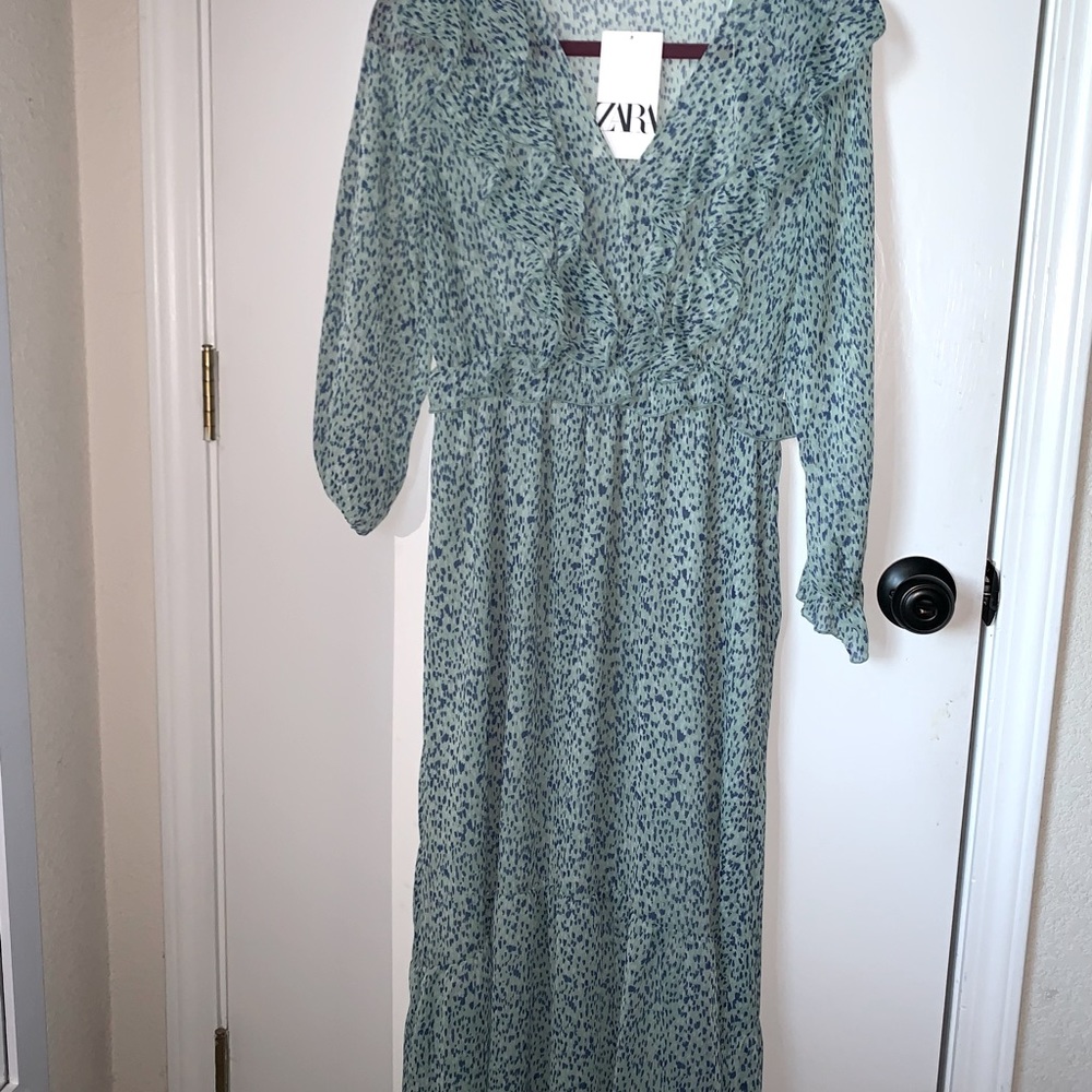 Zara Ruffle Long Sleeve Aqua and Blue Dress.